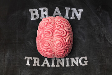 Wall Mural - human brain with brain training message on a blackboard
