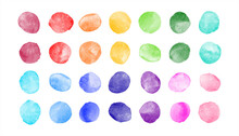 Watercolor Spots, Uneven Circles, Stains Vector Collection. Rainbow Colors Hand Drawn Round Smears, Smudges Set. Colorful Watercolour Painted Dots Illustration, Graphic Design Element. Text Background