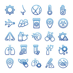 Sticker - set of icons coronavirus protection, protective measures, coronavirus symptoms, degraded line style icon