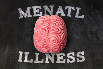 Wall Mural - human brain with mental illness message on a blackboard