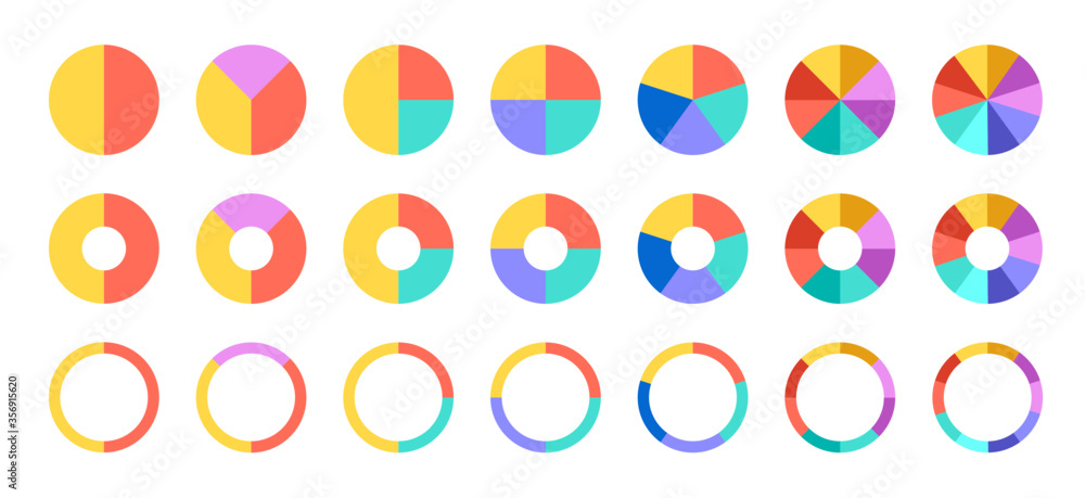 Colorful pie and donut charts. Circle chart, circle sections and round ...