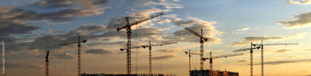 Construction cranes on the background of the sunset - obrazy, fototapety, plakaty 