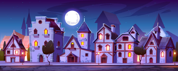 Wall Mural - Medieval town street with old european buildings at night. Vector cartoon cityscape with vintage facade of houses with brick wall and wooden doors, trees, stone road and pavement in moon light