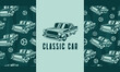 Hand drawn classic car with seamless pattern vector set