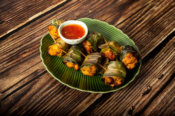 Homemade pandan fried chicken, south east Asia food.