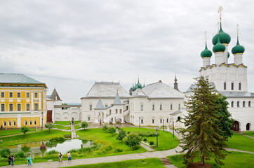 Rostov Veliky, Yaroslavl region, Russia - July 24, 2019: Rostov Kremlin. View of the Church of St. John the theologian and the Red chamber. Golden ring of Russia