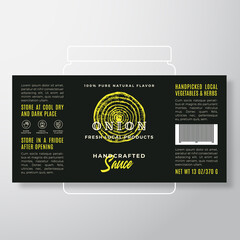 Wall Mural - Handcrafted Vegetables and Herbs Sauce Label Template. Abstract Vector Packaging Design Layout. Modern Typography Banner with Hand Drawn Onion Silhouette Background.