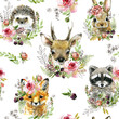 cute little forest animals seamless pattern. watercolor wild nature illustration. animal print. Racoon. Fox. Bunny. Deer. Hadgehog.