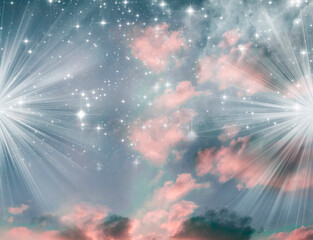 Wall Mural - abstract starry mystic spiritual religious angel magic background with rays of light, stars and pink