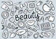 © Vladimir Didenko - Doodle hand drawn pattern with eye shadows, lips, makeup, eyes, nails, ring, brushes and perfume. Girls beauty funny background