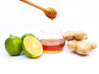 Ingredient for juice drinks of tea with honey, lime lemon citrus and ginger