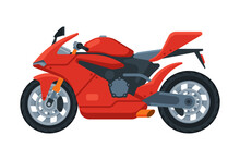 Modern Red Motorcycle, Motor Vehicle Transport, Side View Flat Vector Illustration