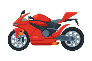 Poster - Modern Red Motorcycle, Motor Vehicle Transport, Side View Flat Vector Illustration