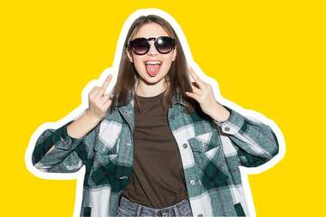 Wall Mural - Collage in magazine style with colorful girl in sunglasses with fuck you sign on toned yellow background