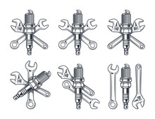 Wrench, adjustable wrench and spark plug. Repair tools icon isolated on white background.