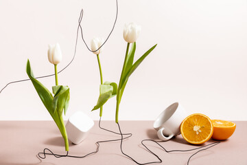 Poster - floral and fruit composition with tulips, orange, cup isolated on beige