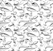 Fishing and fly fishing lures seamless pattern. Background or texture for your design. Sketch style vector illustration on white background.