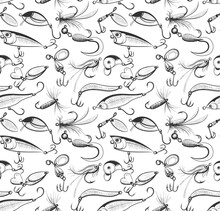 Fishing And Fly Fishing Lures Seamless Pattern. Background Or Texture For Your Design. Sketch Style Vector Illustration On White Background.