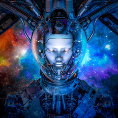 Wall Mural - flight of the sentinel / 3d illustration of science fiction female alien android space ship pilot
