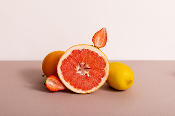 Wall Mural - fruit composition with citrus fruits and strawberry isolated on beige