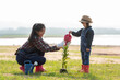 © freebird7977 - Asian  kid daughter helping mother water the plant and sapling tree outdoors in nature spring