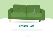 Broken Old Couch With Holes And Spring From The Seat. Flat Vector Illustration.
