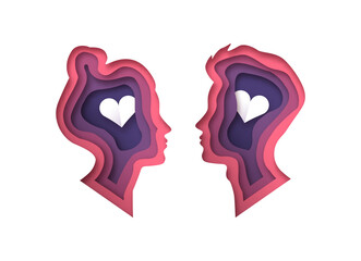 Man and woman heads in 3d paper cut style with cutout heart shape for romantic relationship or love psychology concept. Young straight couple papercut illustration on isolated white background.