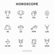 Set Of Zodiacal Icons For Horoscope Wheel, Chart, Banner, Web Site. Vector Illustration In Thin Line Style.