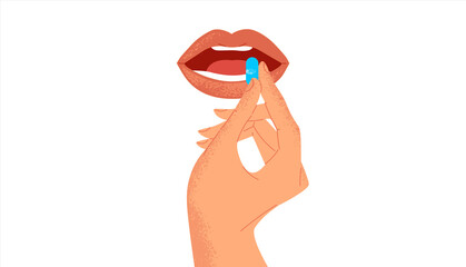 Closeup of young woman mouth taking medicine pill capsule on isolated white background. Flat health problem cartoon for painkiller addiction, beauty treatment or pain medication.