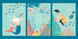 Set of vector flyer or banner templates for a diving club with a cute diver and a funny fairytale character surrounded by fish, algae and coral.