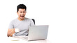 Shocked and Surprised Asian man That has The computer page in front of. on white background in studio With copy space