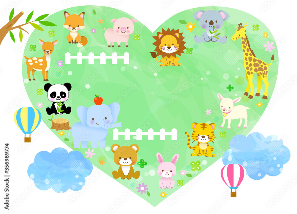 ハートの中に集合したかわいい動物達 キリン コアラ ゾウ 熊 ライオン 狐 豚 兎 パンダ 仔鹿 Wall Mural とーふねこ