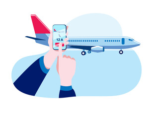 Wall Mural - Hands with a smartphone make electronic check-in for the flight. Concept of a vector illustration on the topic of online registration for a plane.