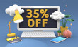 35 Thirty five percent off 3d illustration in cartoon style. Online shopping Sale concept.