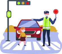 Traffic Police Is Helping A Young Little Girl Crossing The Road
