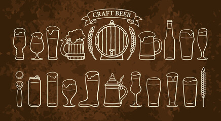 Wall Mural - beer objects set isolated on rusty brown backgound. beer glasses mugs wooden barrel wheat ribbon ban