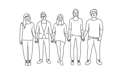 Wall Mural - Students holding hands. Line drawing vector illustration.
