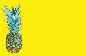 Poster - Pineapple on the yellow background. Healthy eating, fashion lifestyle concept. Summertime and holiday. Copy space