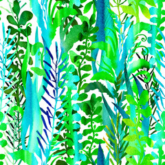 Wall Mural - Seamless pattern with green plants. Hand drawing. Watercolor.