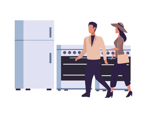 Poster - young couple fashion wear with kitchen appliances characters