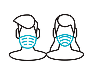 Poster - couple using face masks line style icon