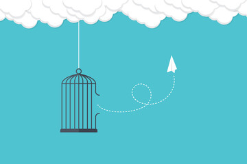 Flying paper plane and cage. Freedom concept. Emotion of freedom and happiness. Minimalist style.	