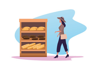 Wall Mural - young woman shopping bread activity character