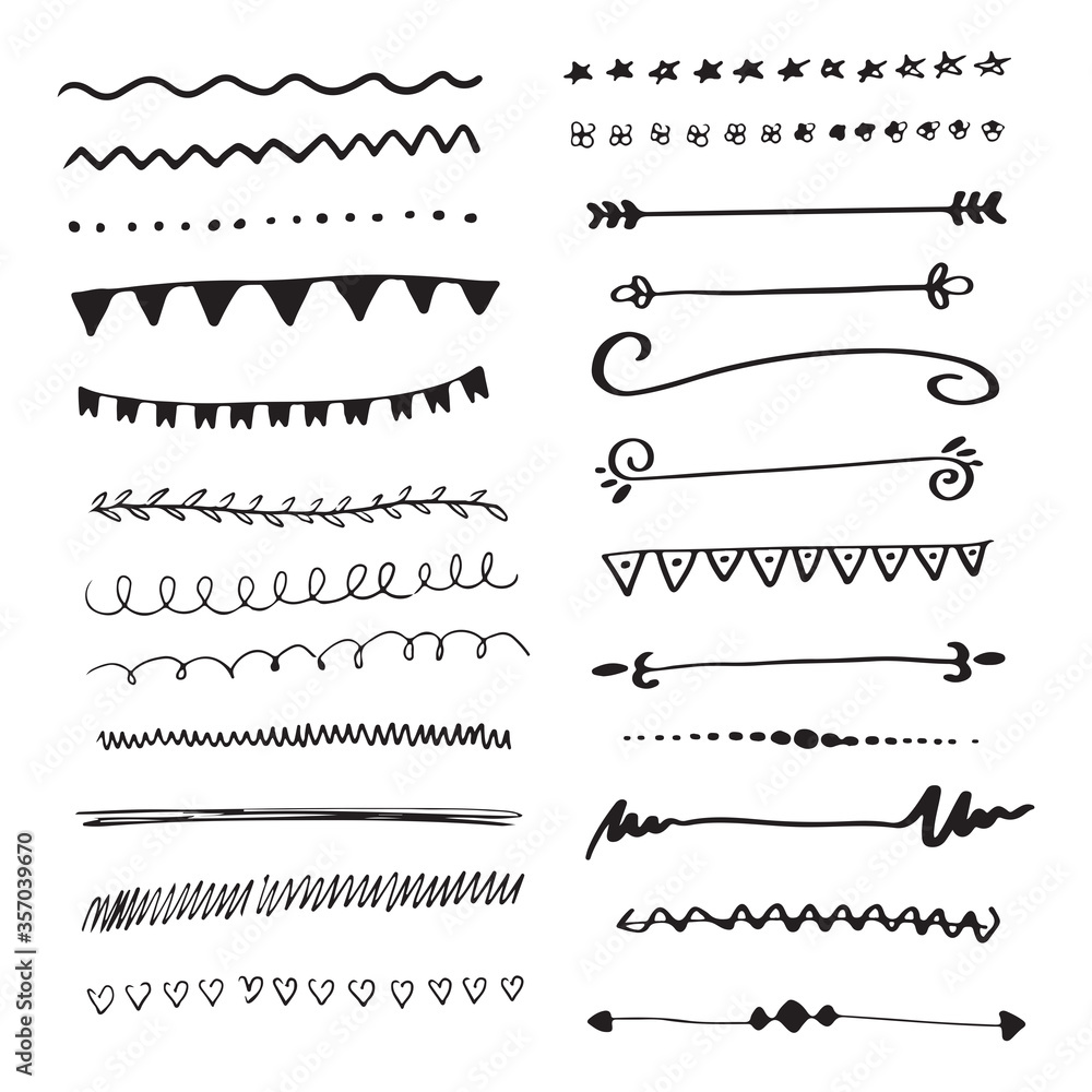 Hand drawn doodle pen brushes. Set of hand drawn grunge strokes.Handmade Set of Underline Strokes. Vector strokes in grunge marker style. - obrazy, fototapety, plakaty 