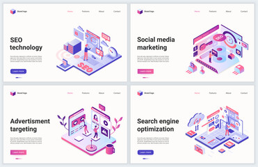 Aufkleber - Isometric seo technology concept vector illustration. Creative modern promo banner set, website design with cartoon 3d seo search engine optimization, ad targeting and social media marketing promotion