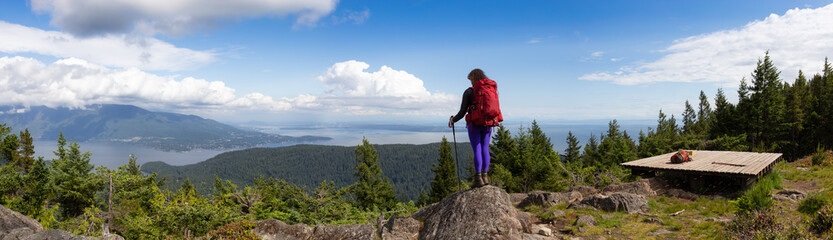 adventurous girl hiking with a backpack on top of a mountain with a beautiful canadian nature backgr