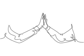 Wall Mural - one line drawing of two men giving high fives gesture hands wearing office clothes to celebrate succ