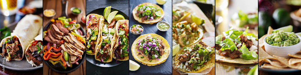 mexican food collage with tacos, fajitas and burritos - obrazy, fototapety, plakaty 