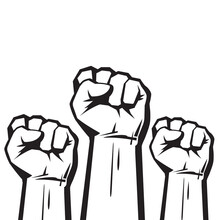 Clenched Fists Raised In Protest. Three Human Hands Raised In The Air. Vector Illustration.
