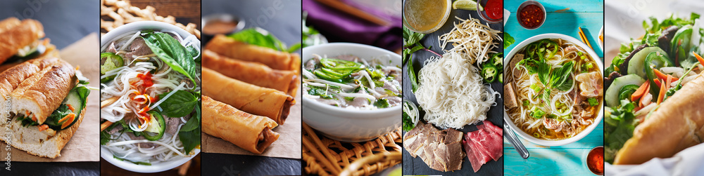 vietnamese food collage with beef pho and bahn mi - obrazy, fototapety, plakaty 